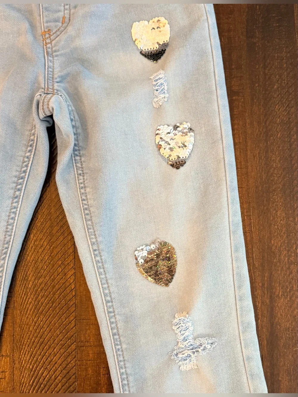 Light Blue Girl’s Size 12 Justice Jeans with Silver Sequin Hearts